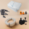 Complete bevalpakket voor thuisbevalling met lange hygiënische liner, 10 meter non-toxic waterslang, elektrische opblaaspomp, waterpomp en set van drie universele kraankoppelstukken.