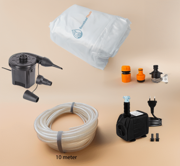 Complete bevalpakket voor thuisbevalling met lange hygiënische liner, 10 meter non-toxic waterslang, elektrische opblaaspomp, waterpomp en set van drie universele kraankoppelstukken.