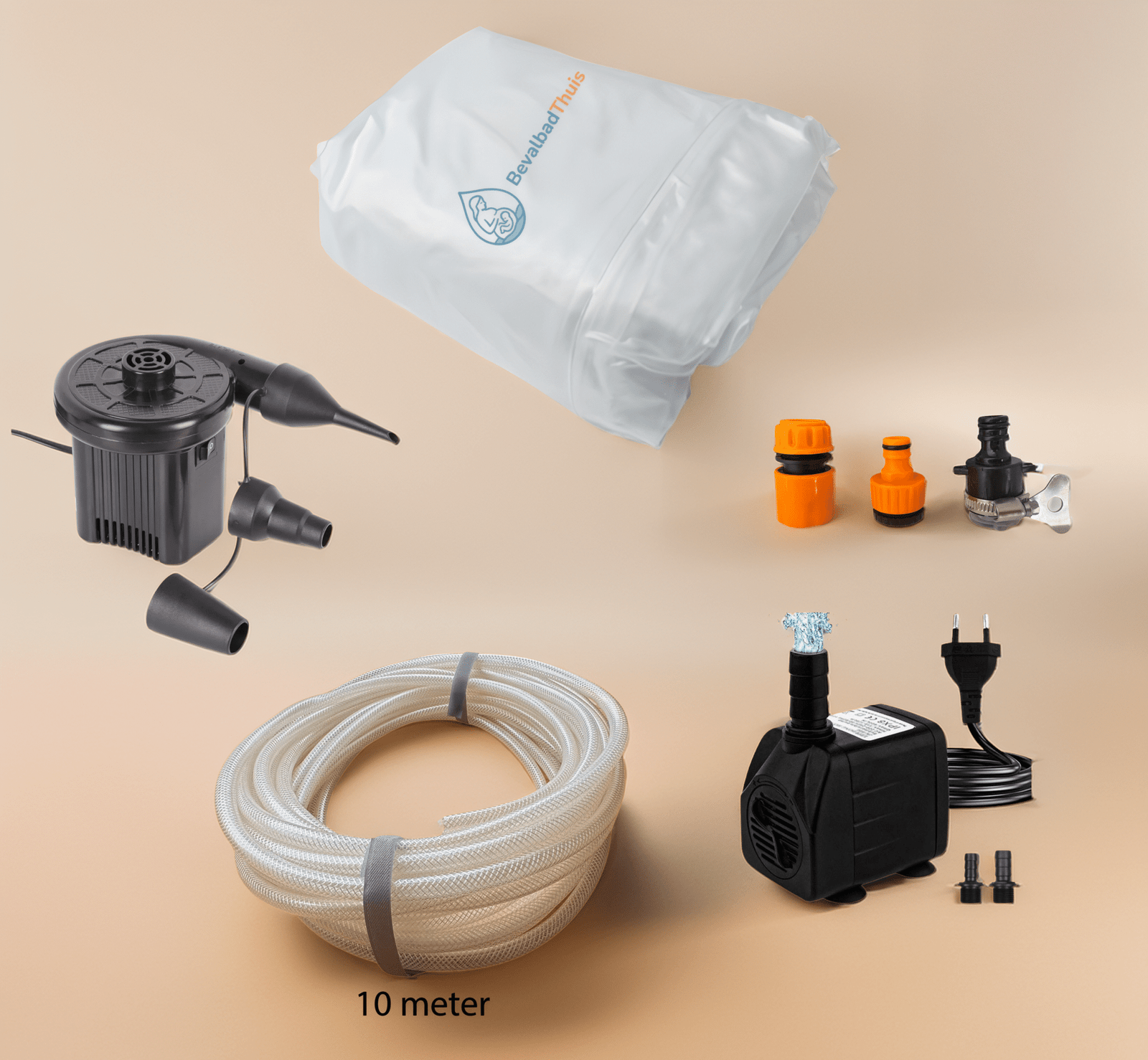 Complete bevalpakket voor thuisbevalling met lange hygiënische liner, 10 meter non-toxic waterslang, elektrische opblaaspomp, waterpomp en set van drie universele kraankoppelstukken.
