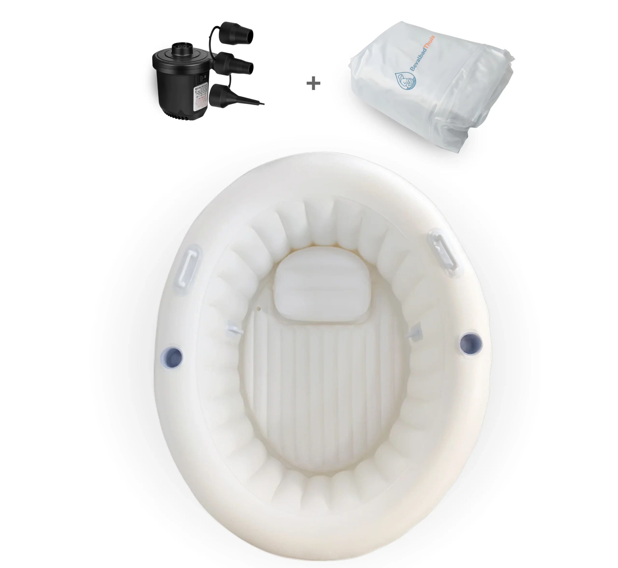 Bevalbad + hoes + opblaaspomp Een complete bevalbad set bestaande uit een wit opblaasbaar bevalbad, een elektrische luchtpomp met opzetstukken en een hygiënische binnenhoes met het BevalbadThuis logo.