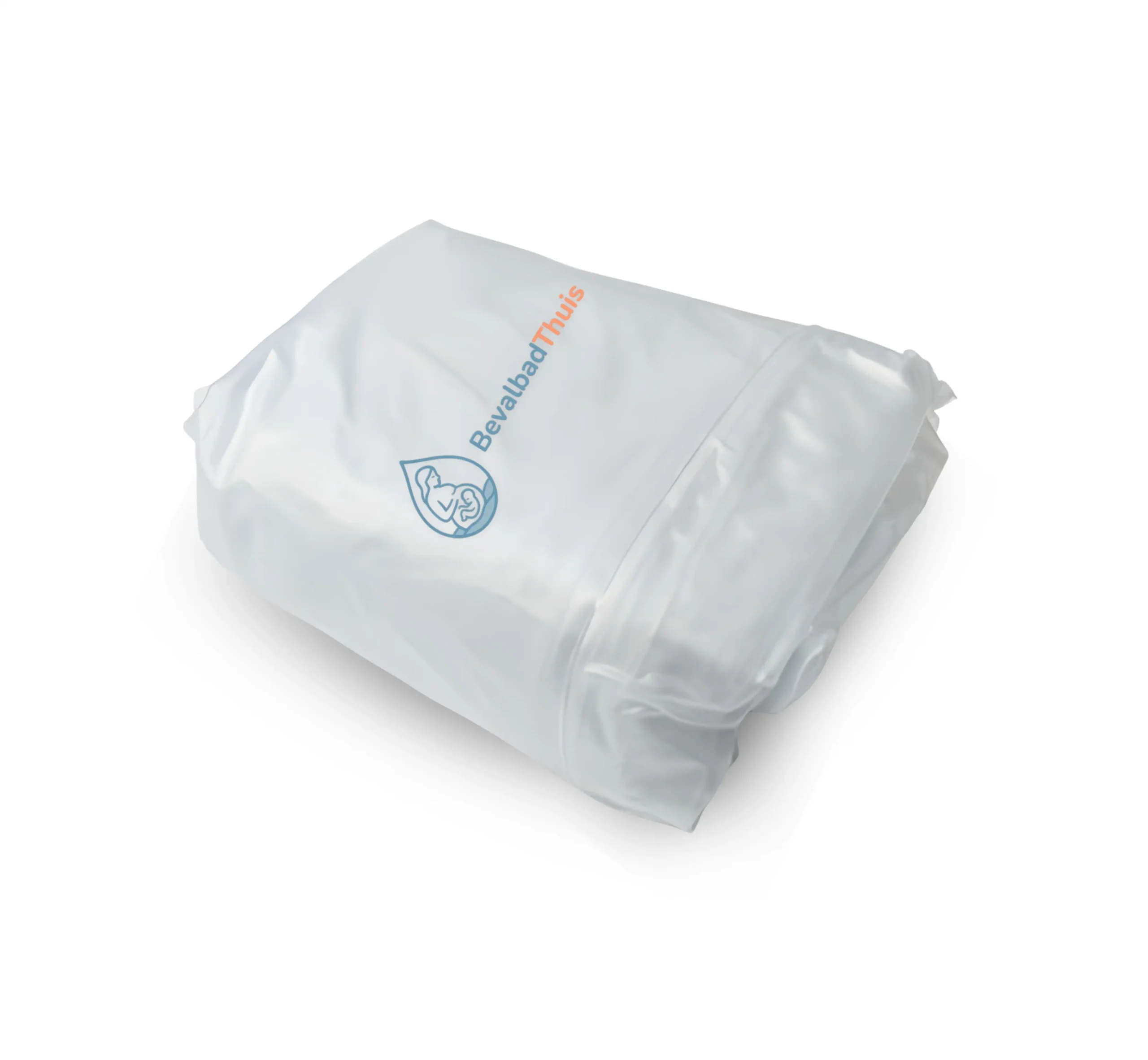 Liner (hoes) Een opgevouwen transparante binnenhoes (liner) voor een bevalbad, met het blauw-oranje logo van BevalbadThuis erop gedrukt.