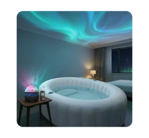 Compacte roterende galaxy sfeerprojector lamp in zwart en blauw met bijbehorende afstandsbediening.