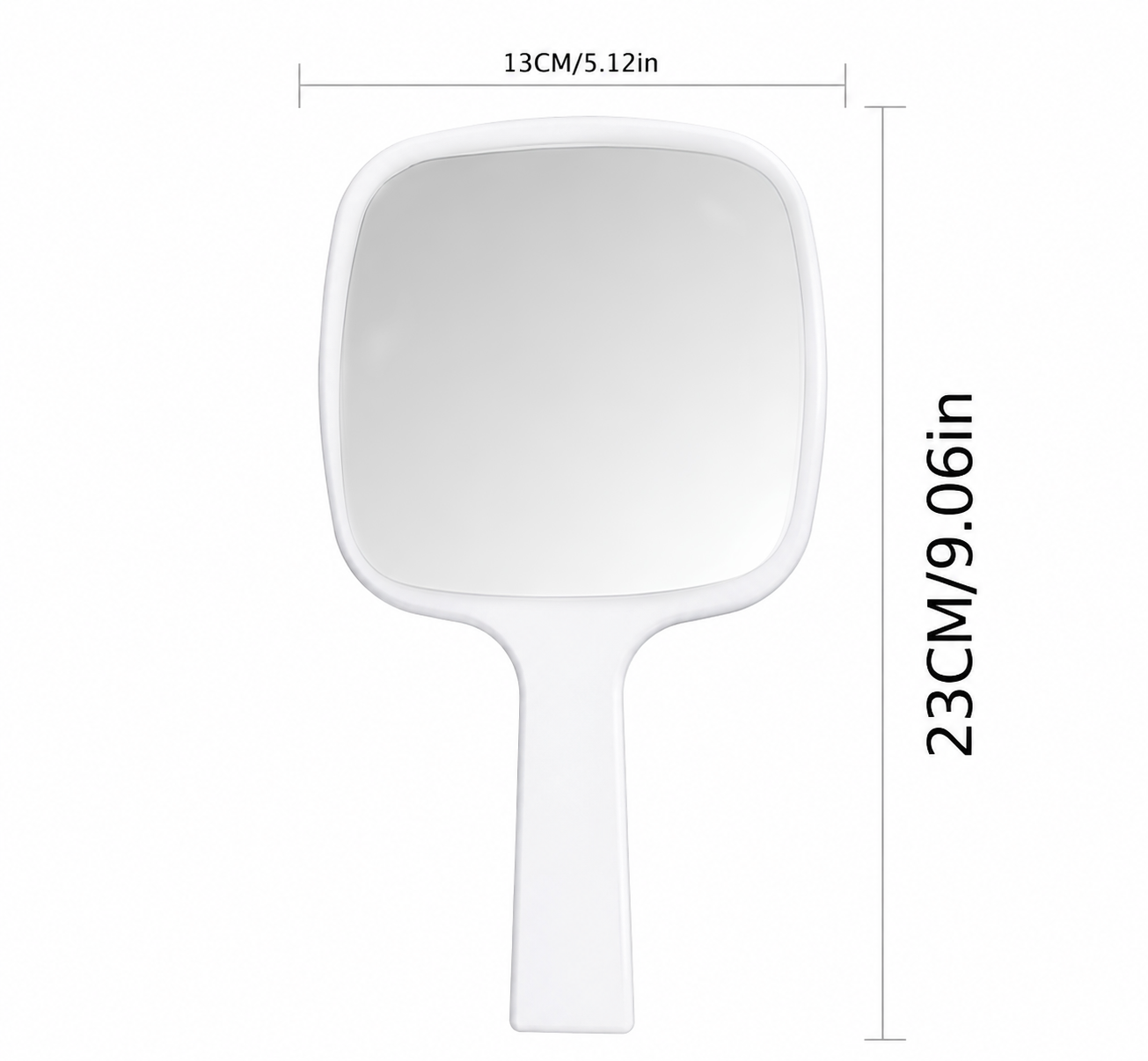 Geboortespiegel voor bevalbad Afmetingen van de witte geboortespiegel met een breedte van 13 cm en een totale lengte van 23 cm.