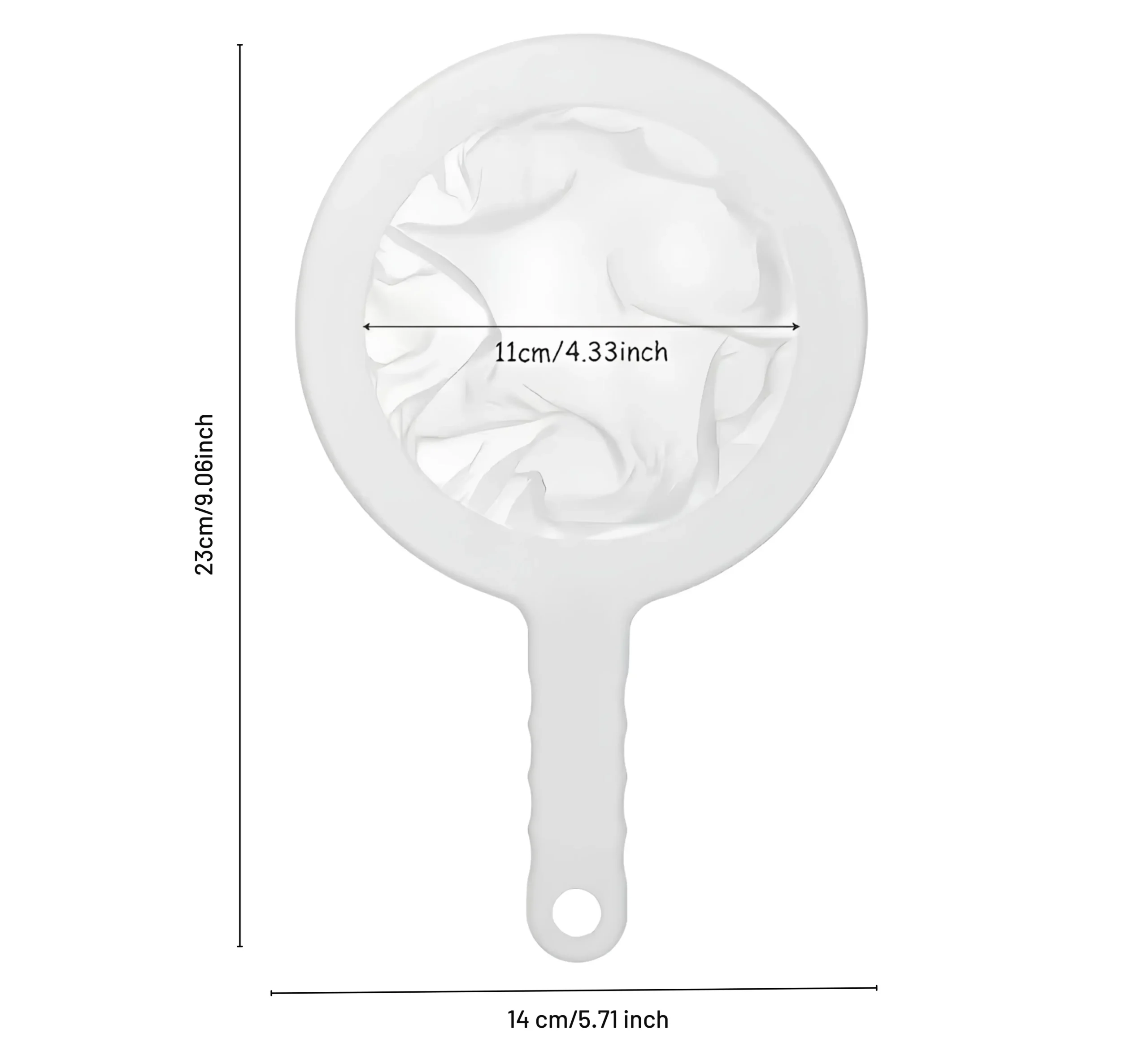 Schepnetje Afmetingen van het bevalbad schepnetje met een totale lengte van 23 cm en een netdiameter van 11 cm.