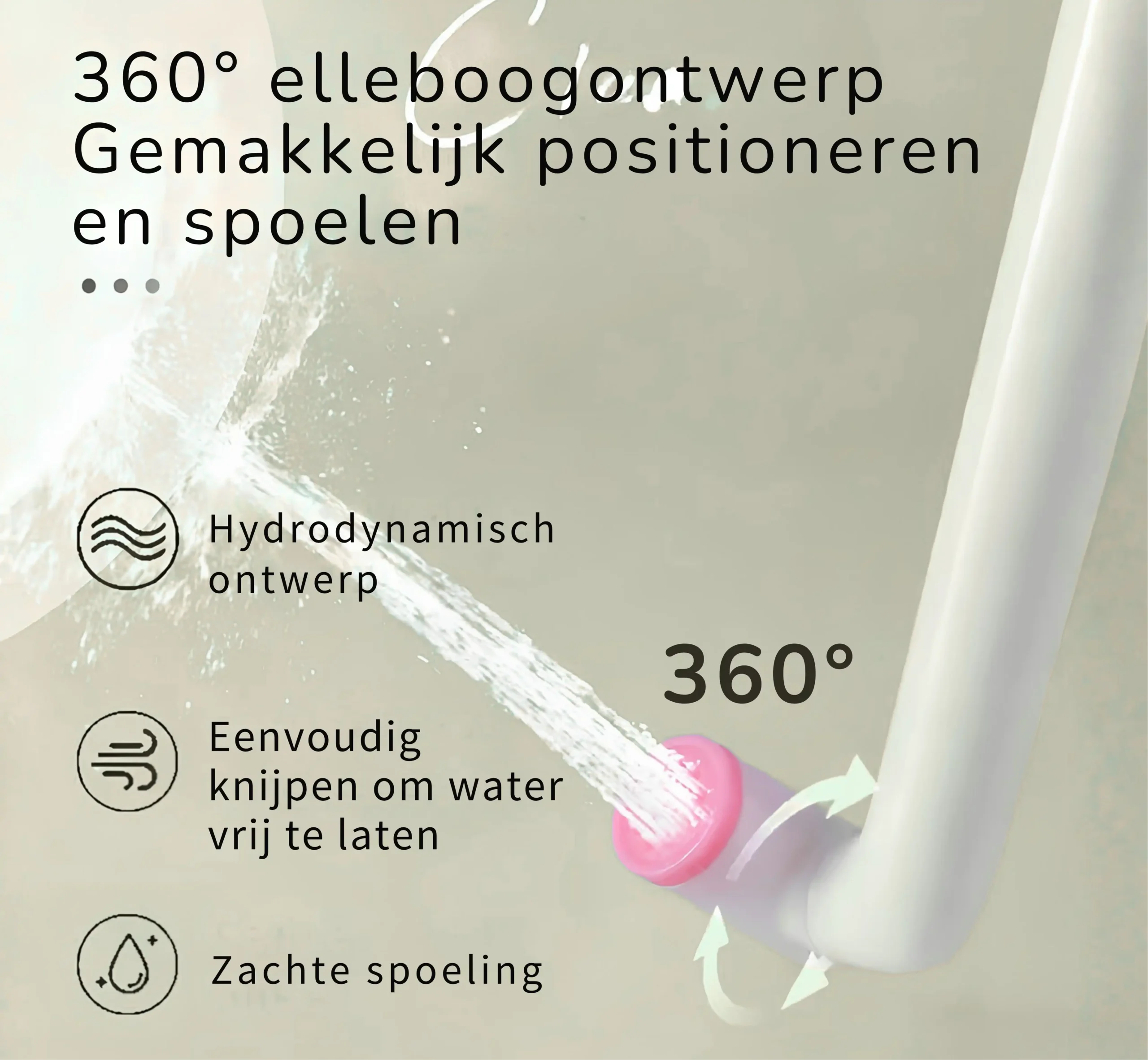 Vaginale douche | Peri bottle | 500ml Infographic van de peri bottle met uitleg over het 360 graden elleboogontwerp en de zachte spoeling.