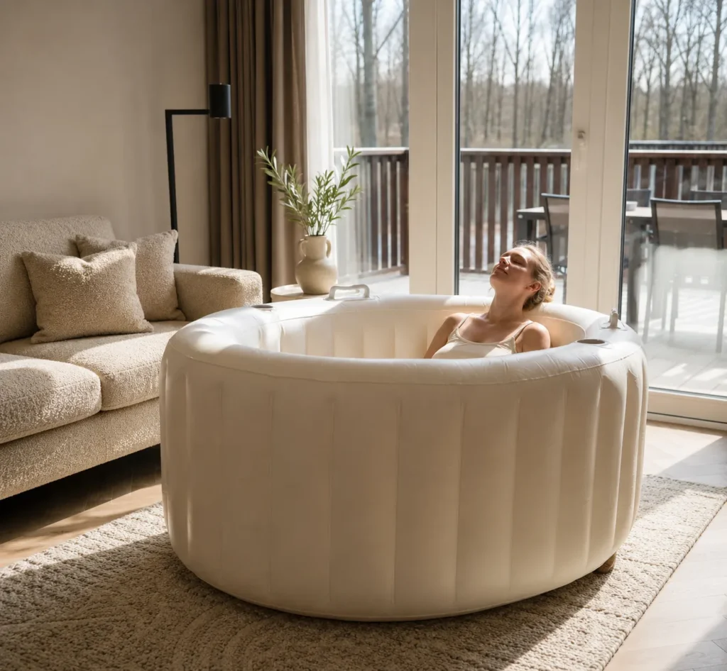 Zwangere vrouw ontspant in een warm opblaasbaar bevalbad in de woonkamer tijdens een comfortabele thuisbevalling.